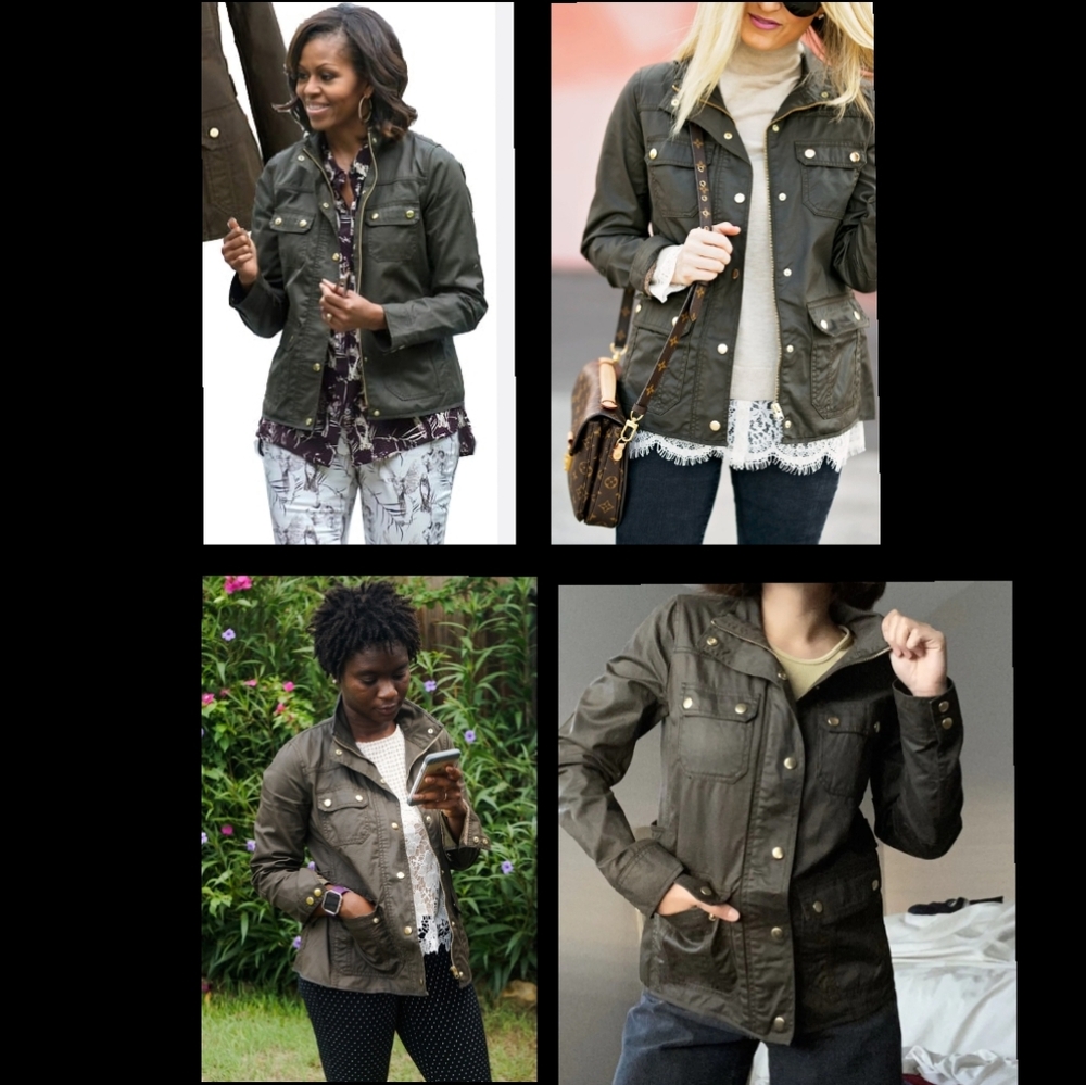 MEDIUM women J CREW relaxed boyfriend field jacket olive army green gold buttons